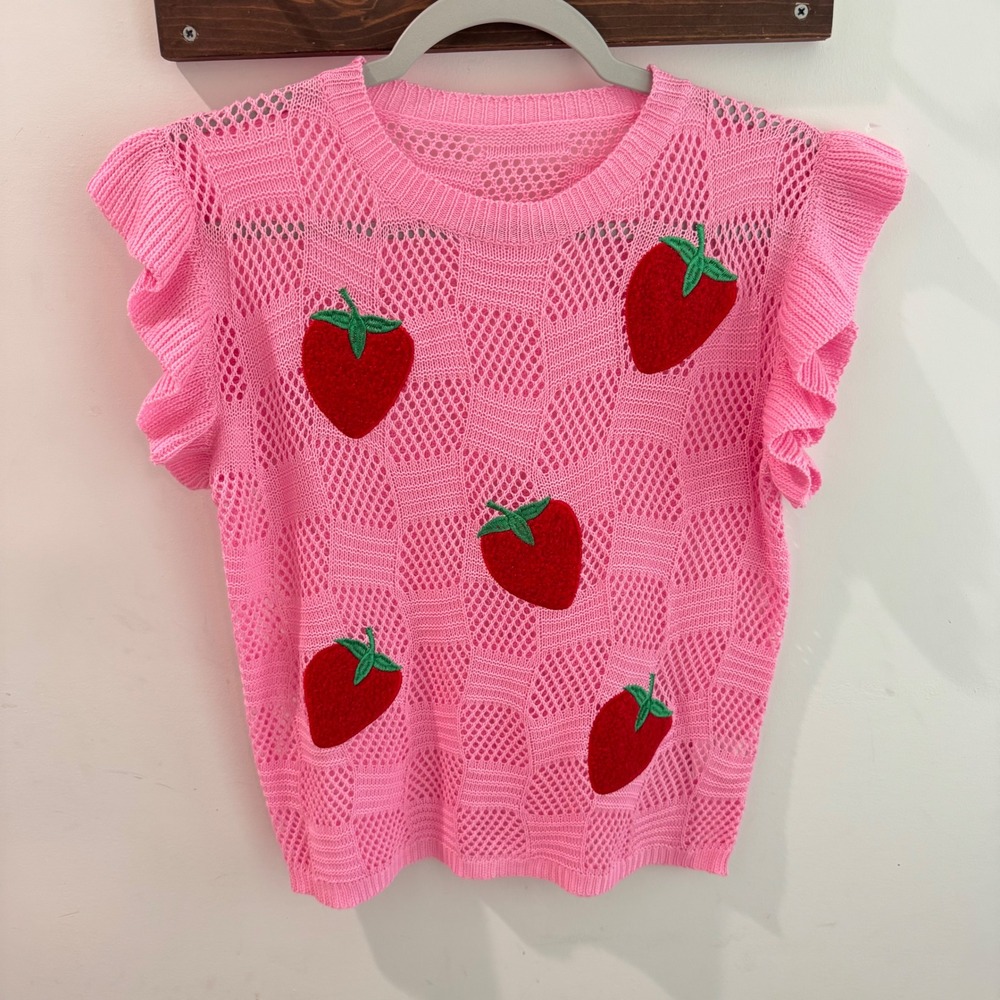 Pink Strawberry Applique Ruffle Knit Sweater Vest Sleeveless Top Large